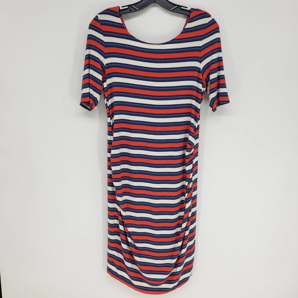 Rachel Zoe Striped Maternity Dress Small Red Blue Ruched Bodycon Short Sleeve - Picture 1 of 8